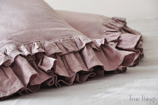 Ready to ship Woodrose linen pillowcase with double ruffles