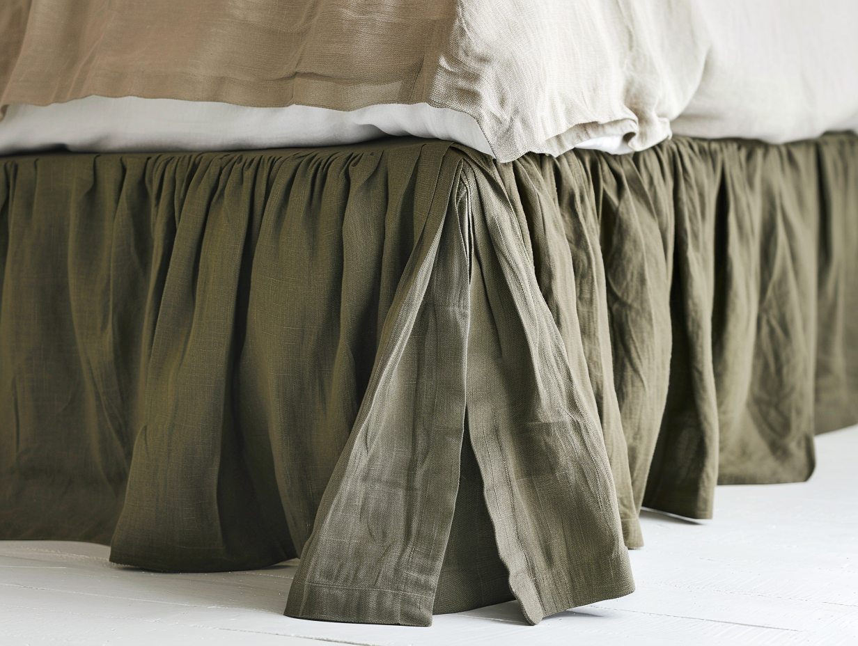 Dark olive linen ruffle bed skirt
