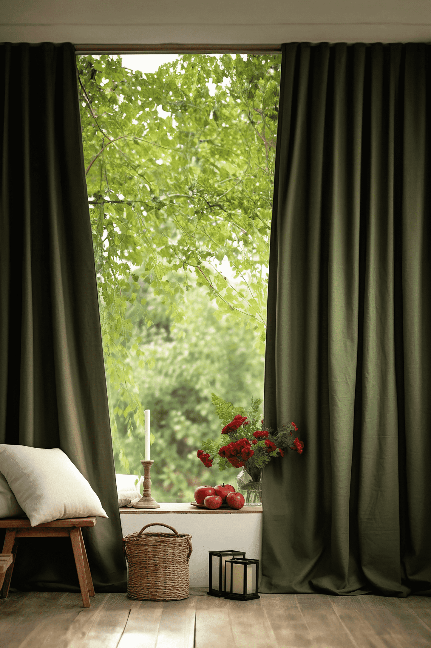 Dark olive linen curtains