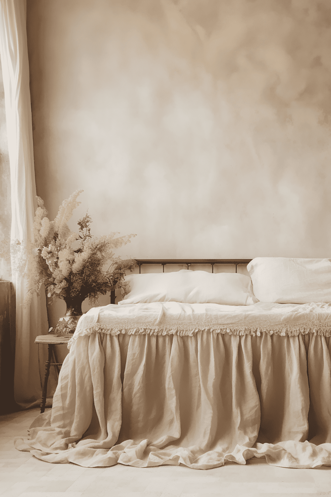 Beige linen ruffled bed skirt