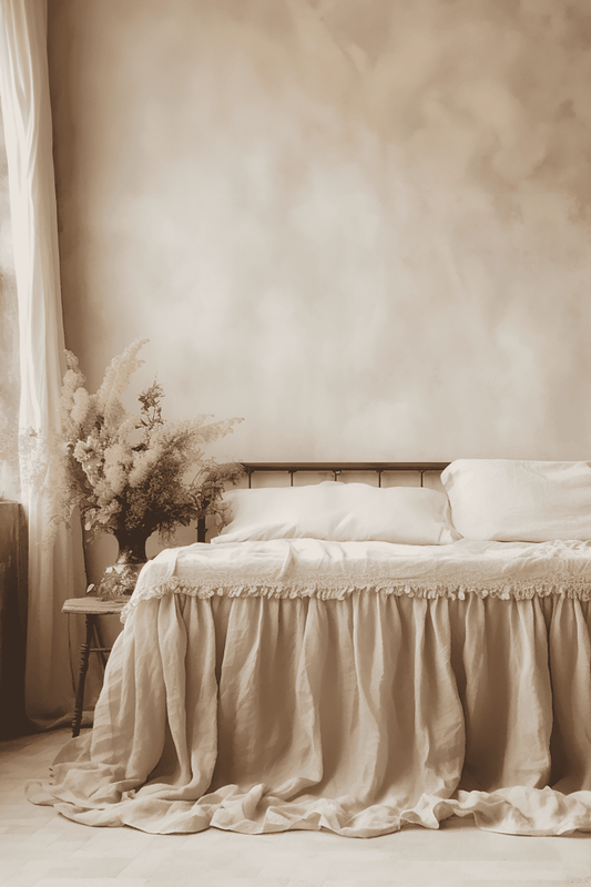 Beige linen ruffled bed skirt