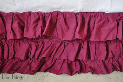 Raspberry linen ruffled bed skirt