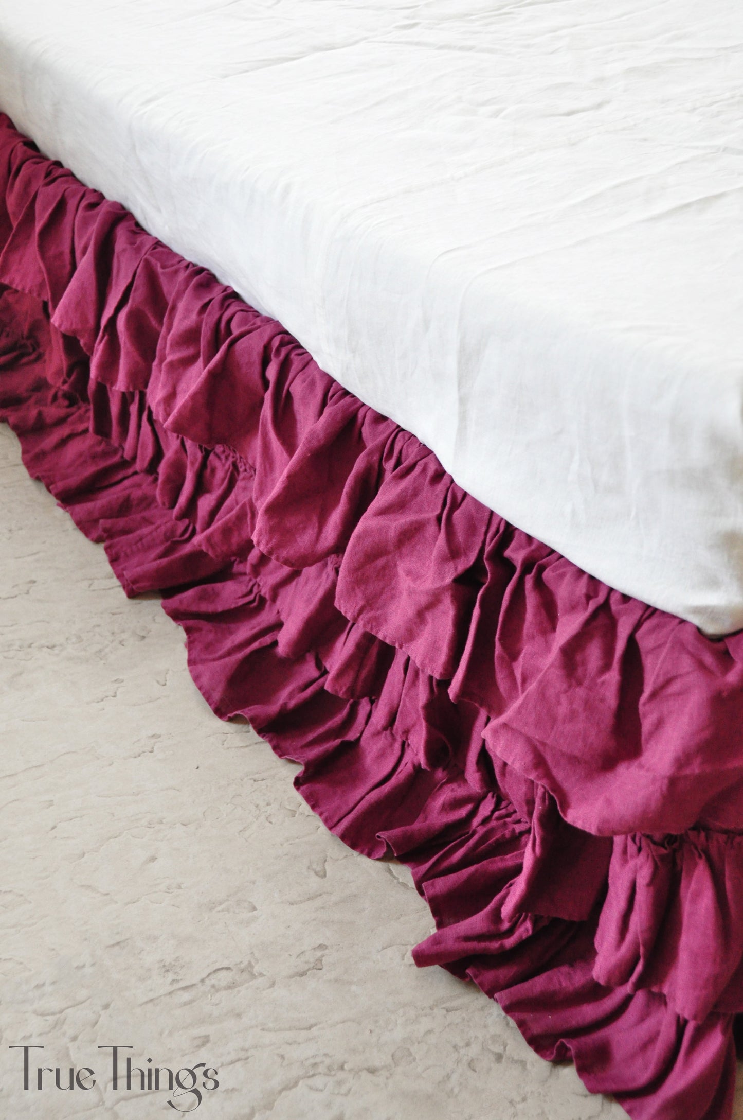 Raspberry linen ruffled bed skirt