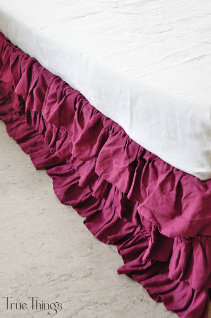 Raspberry linen ruffled bed skirt
