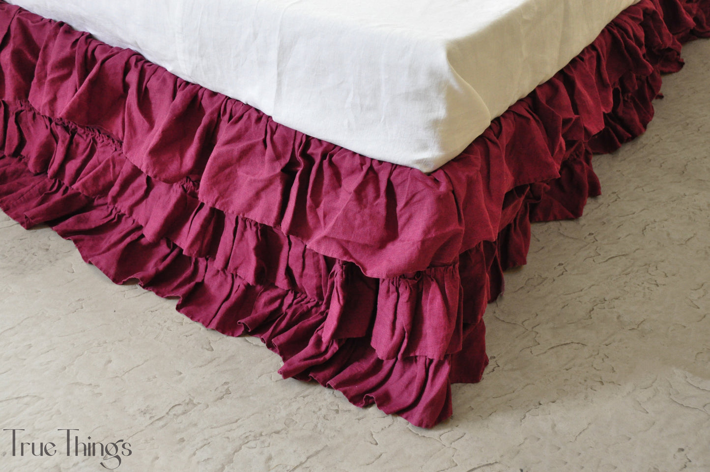 Raspberry linen ruffled bed skirt