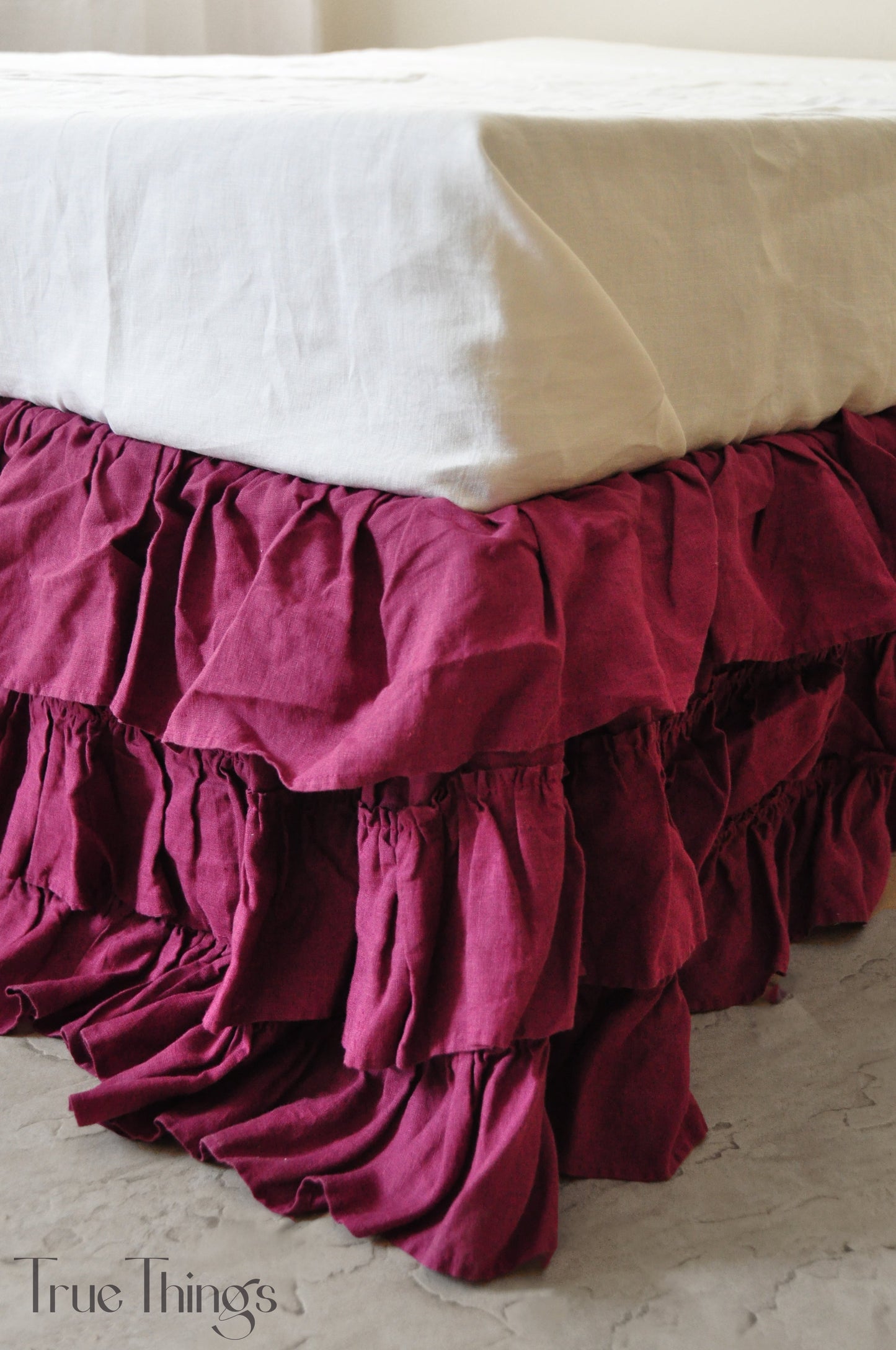 Raspberry linen ruffled bed skirt