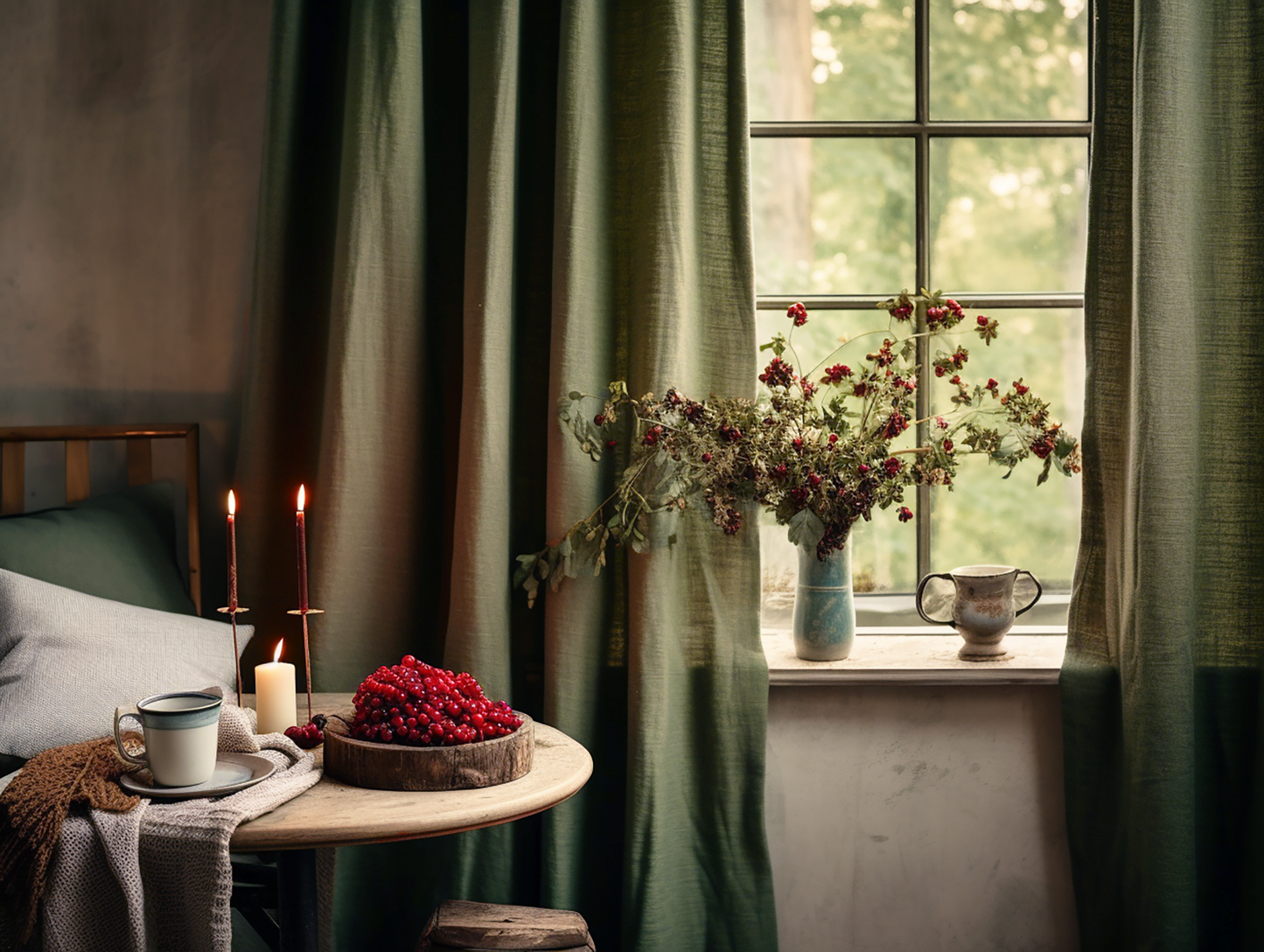 Dark olive linen curtains