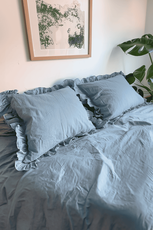 Dusty blue ruffled pillowcase