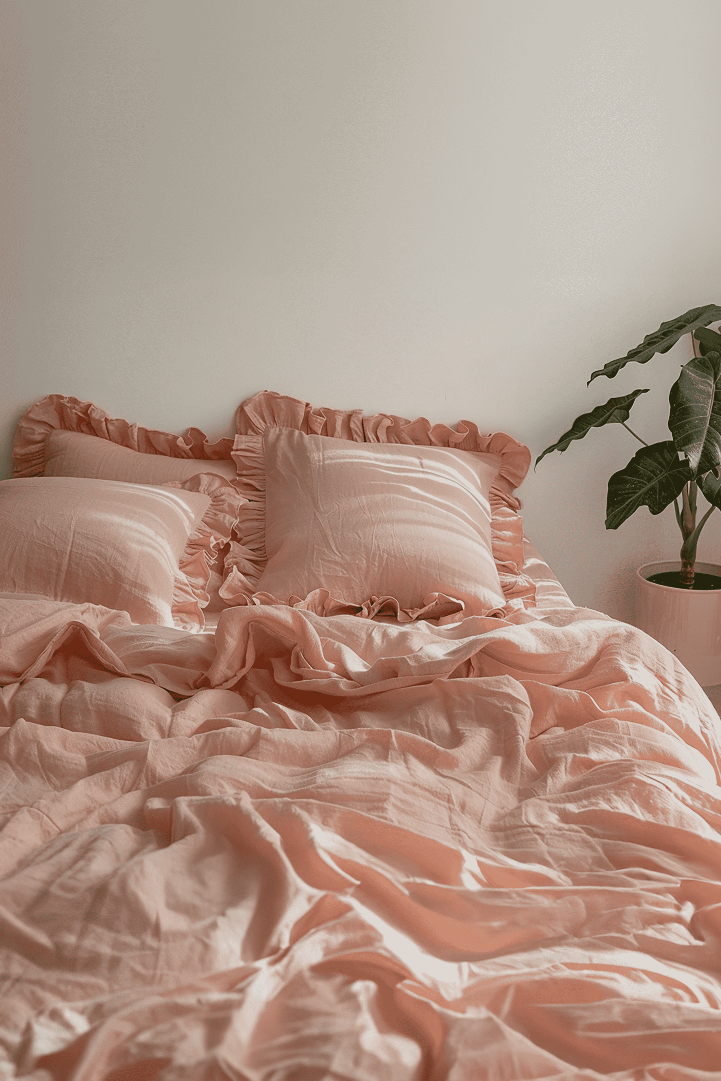 Peach ruffled pillowcase