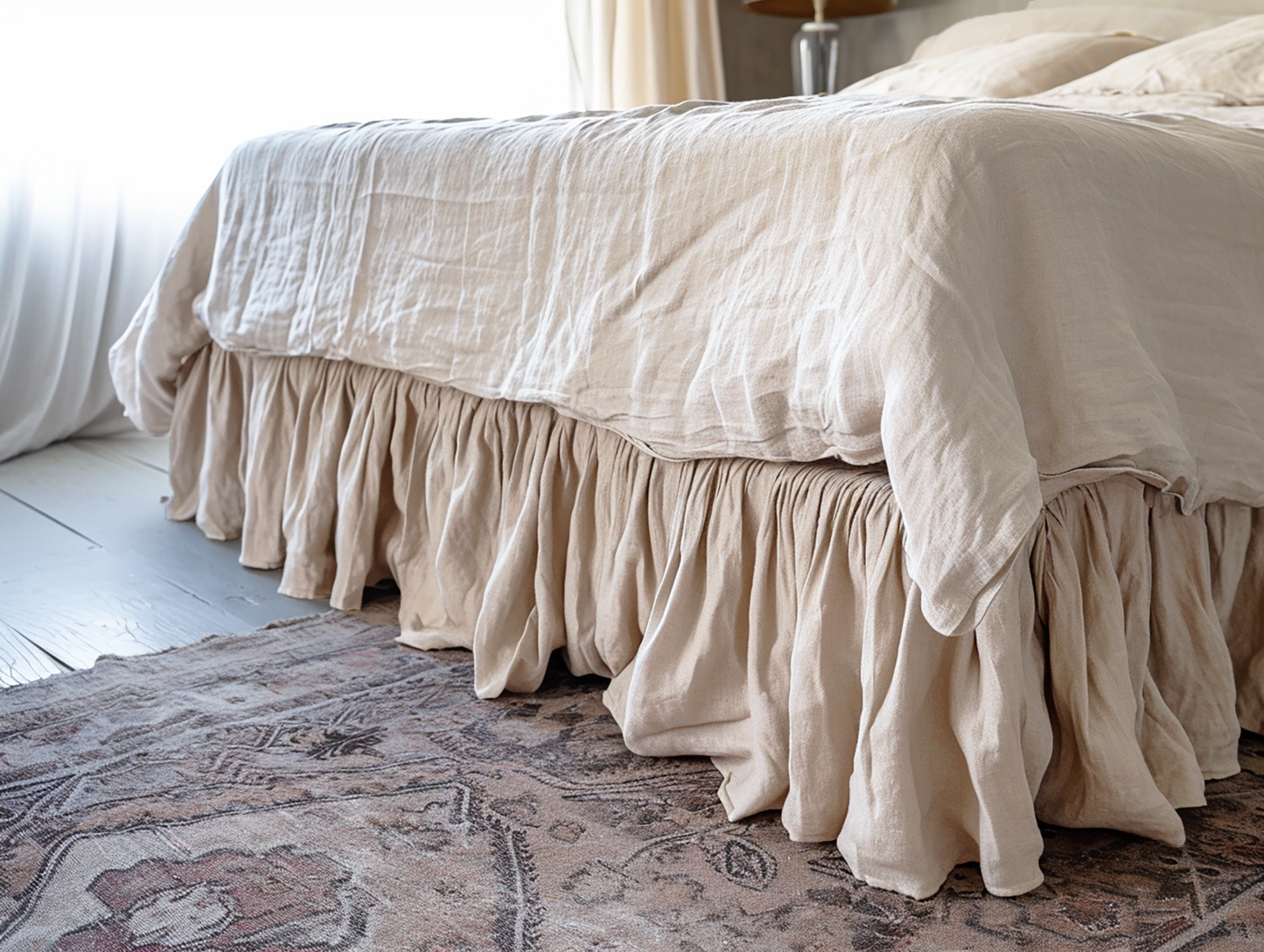 Beige linen ruffled bed skirt