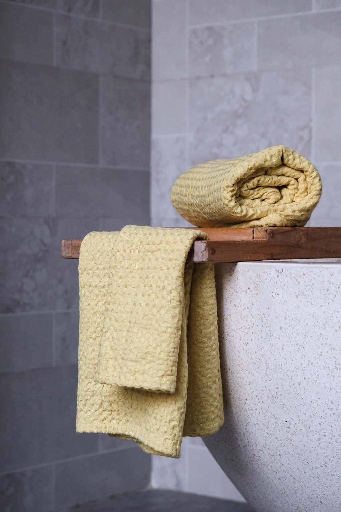 Chartreuse yellow waffle towel