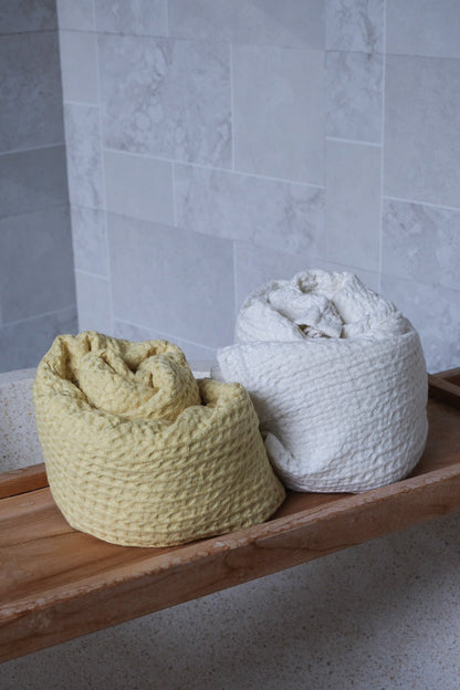 Chartreuse yellow waffle towel
