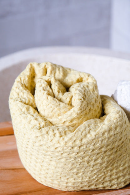 Chartreuse yellow waffle towel