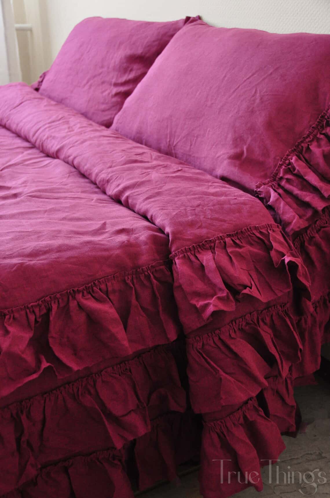 Raspberry linen ruffled bed skirt