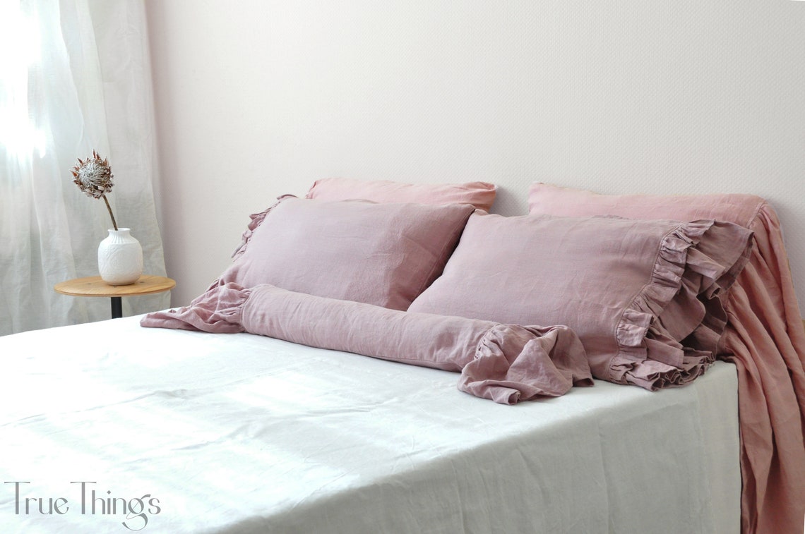 Ready to ship Woodrose linen pillowcase with double ruffles