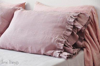 Ready to ship Woodrose linen pillowcase with double ruffles