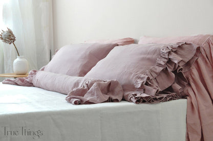 Ready to ship Woodrose linen pillowcase with double ruffles