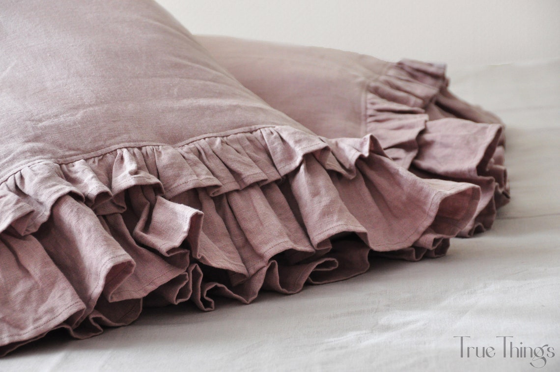 Ready to ship Woodrose linen pillowcase with double ruffles