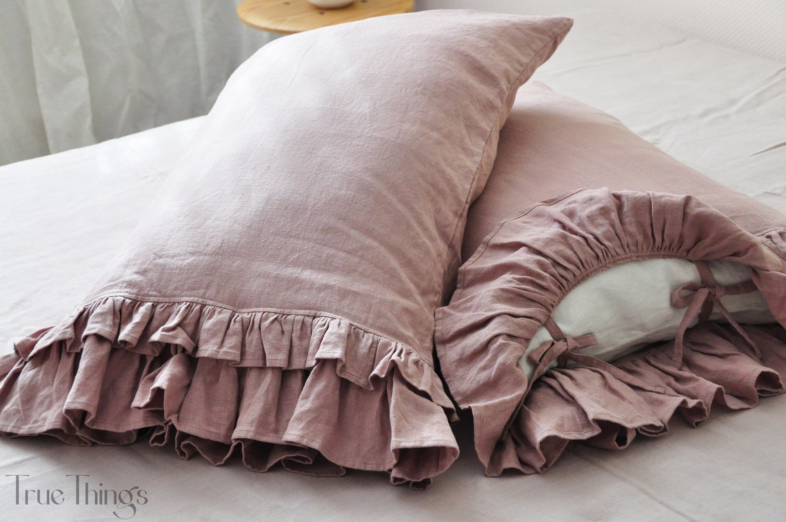 Ready to ship Woodrose linen pillowcase with double ruffles