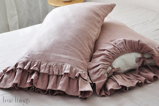 Ready to ship Woodrose linen pillowcase with double ruffles