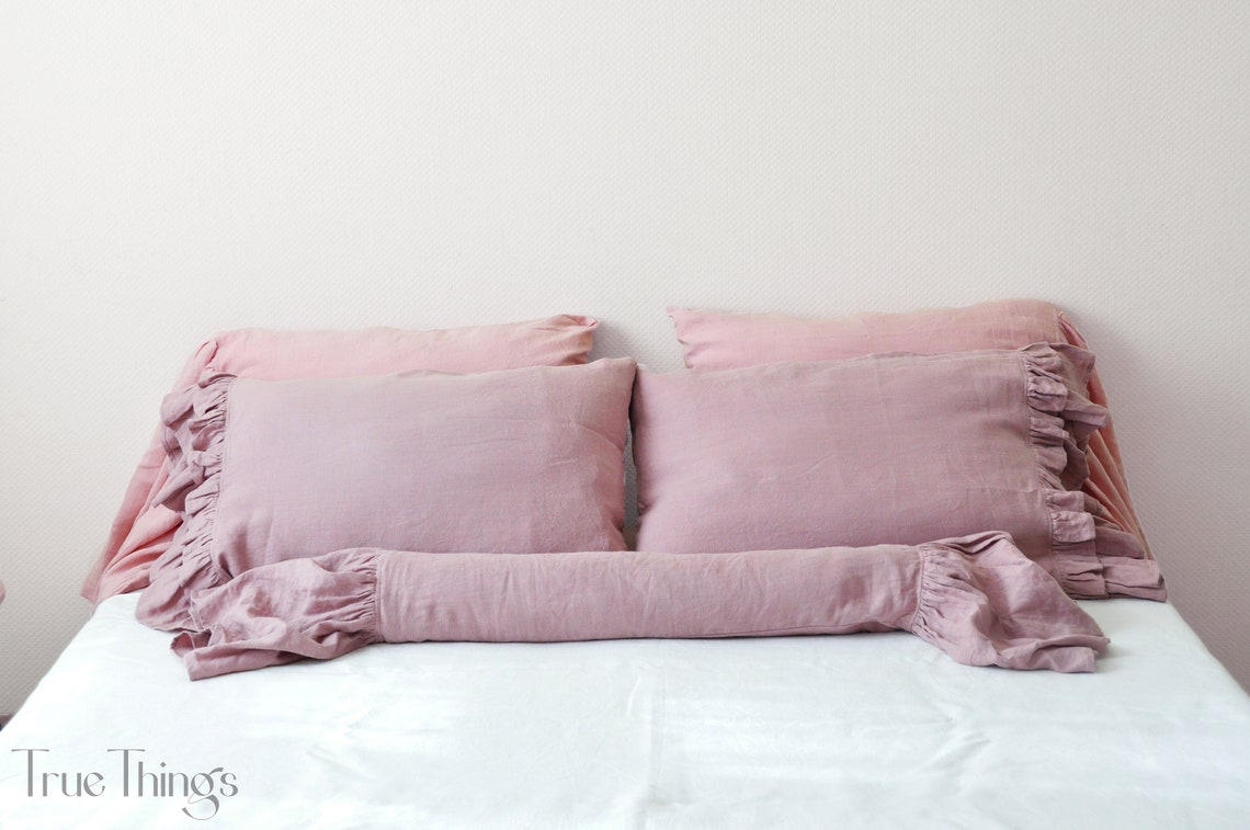 Ready to ship Woodrose linen pillowcase with double ruffles