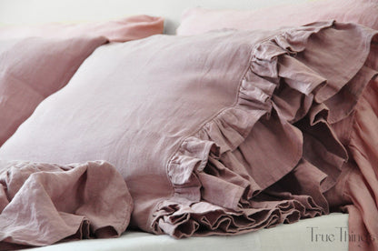 Ready to ship Woodrose linen pillowcase with double ruffles