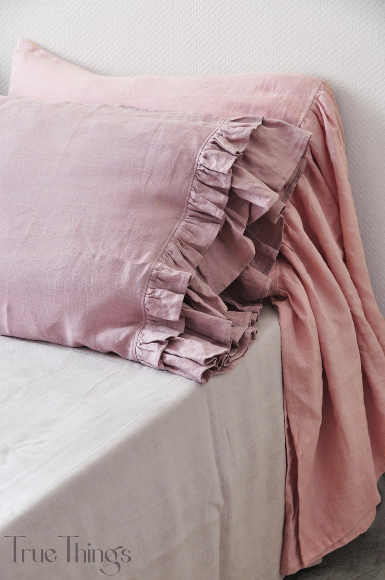 Ready to ship Woodrose linen pillowcase with double ruffles
