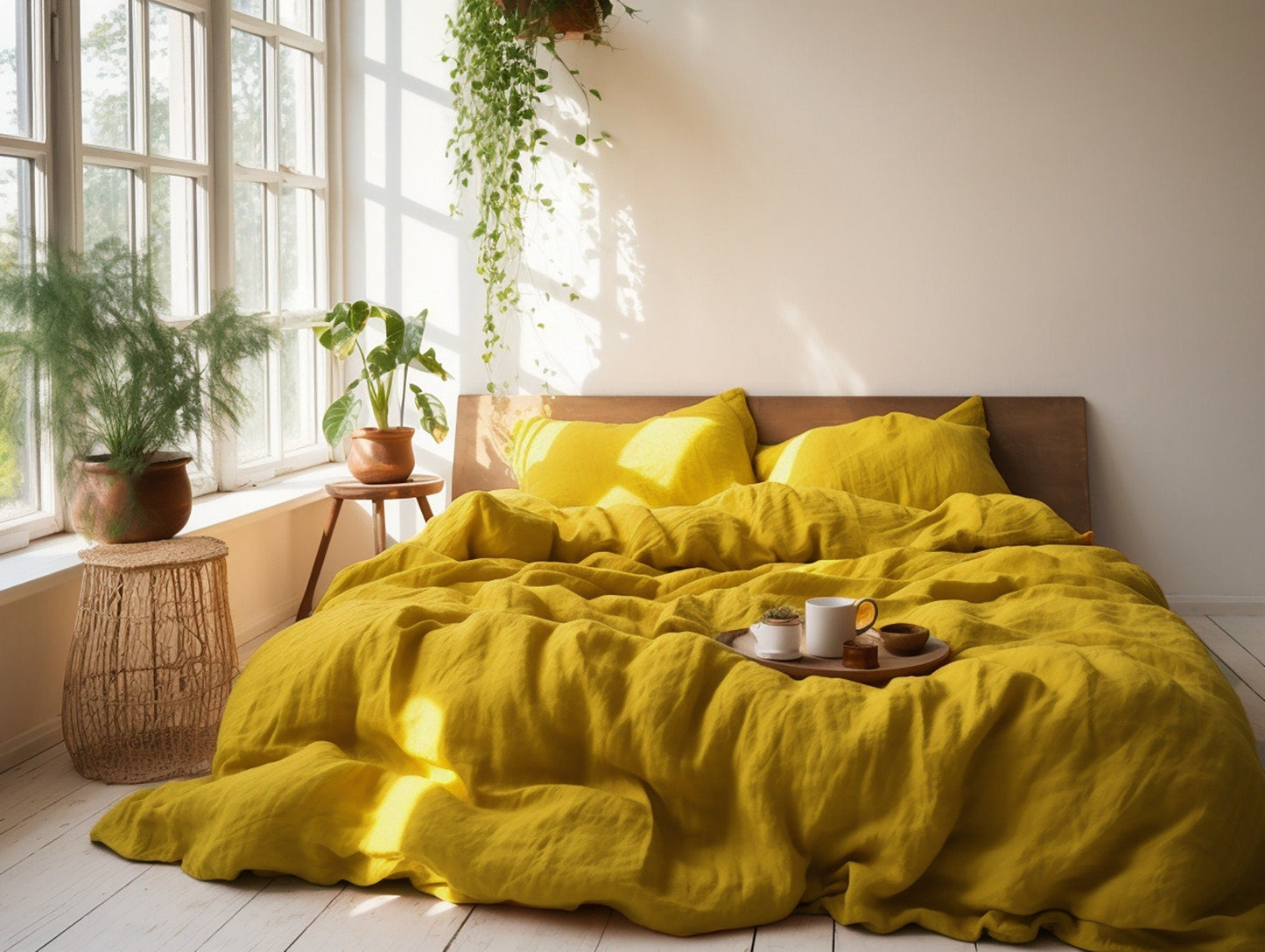 Ready to ship Set of 2 mustard linen pillowcases