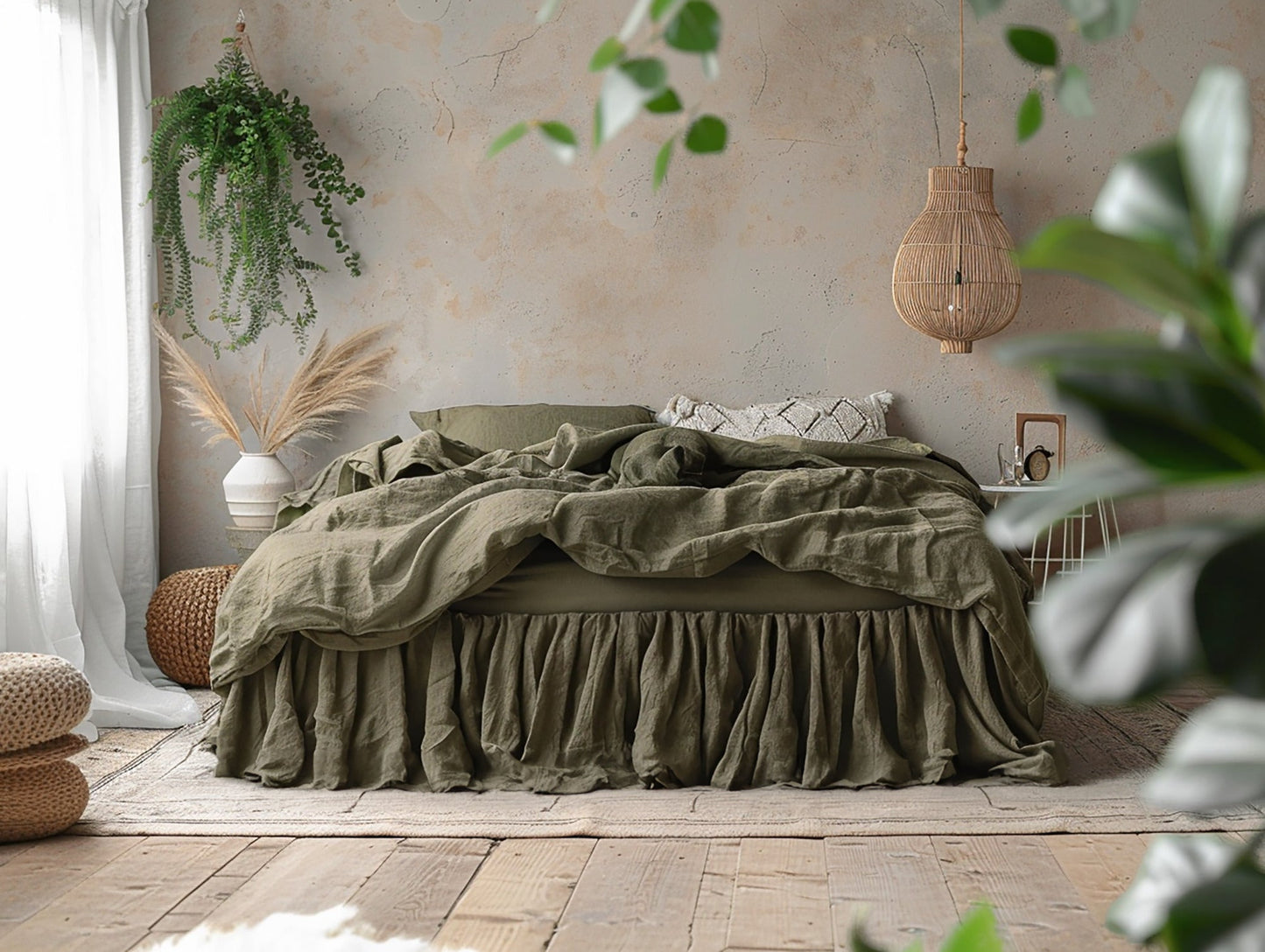 Dark olive linen ruffle bed skirt