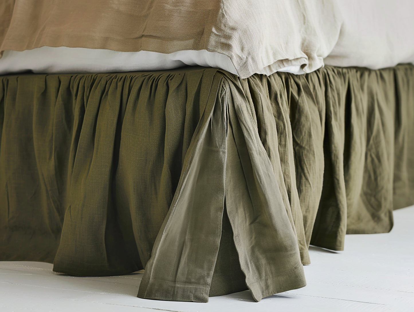 Dark olive linen ruffle bed skirt