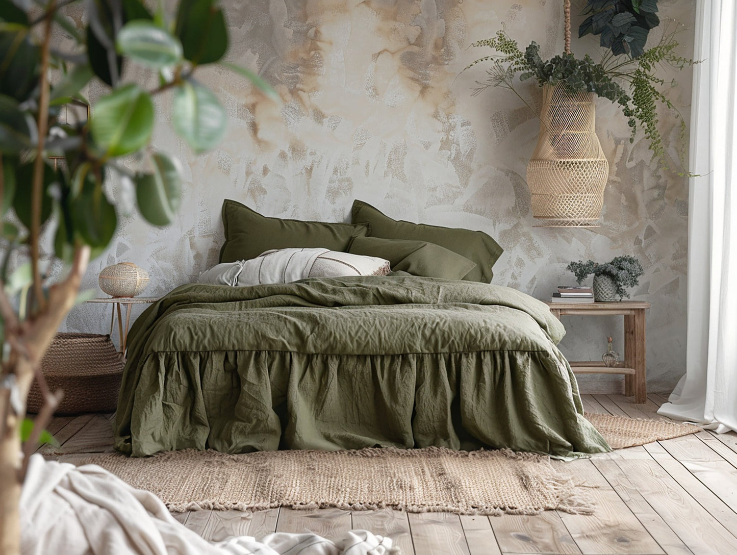 Dark olive linen ruffle bed skirt