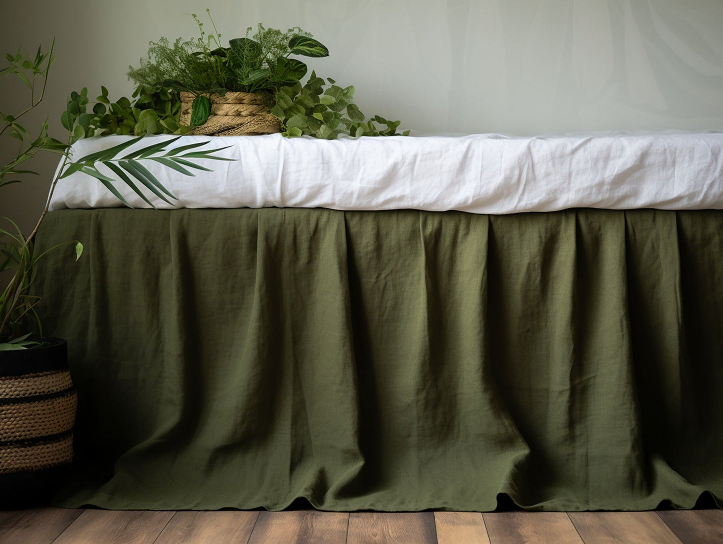 Dark olive linen ruffle bed skirt