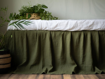 Dark olive linen ruffle bed skirt