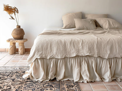 Beige linen ruffled bed skirt