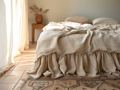 Beige linen ruffled bed skirt