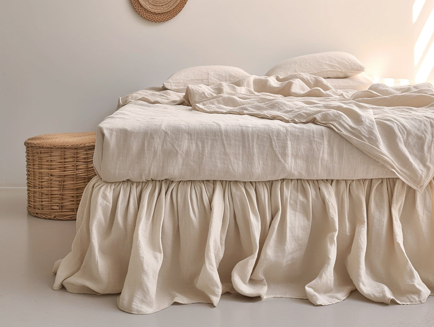 Beige linen ruffled bed skirt