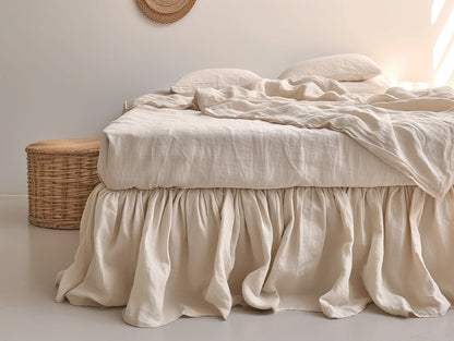 Beige linen ruffled bed skirt
