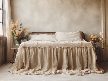 Beige linen ruffled bed skirt