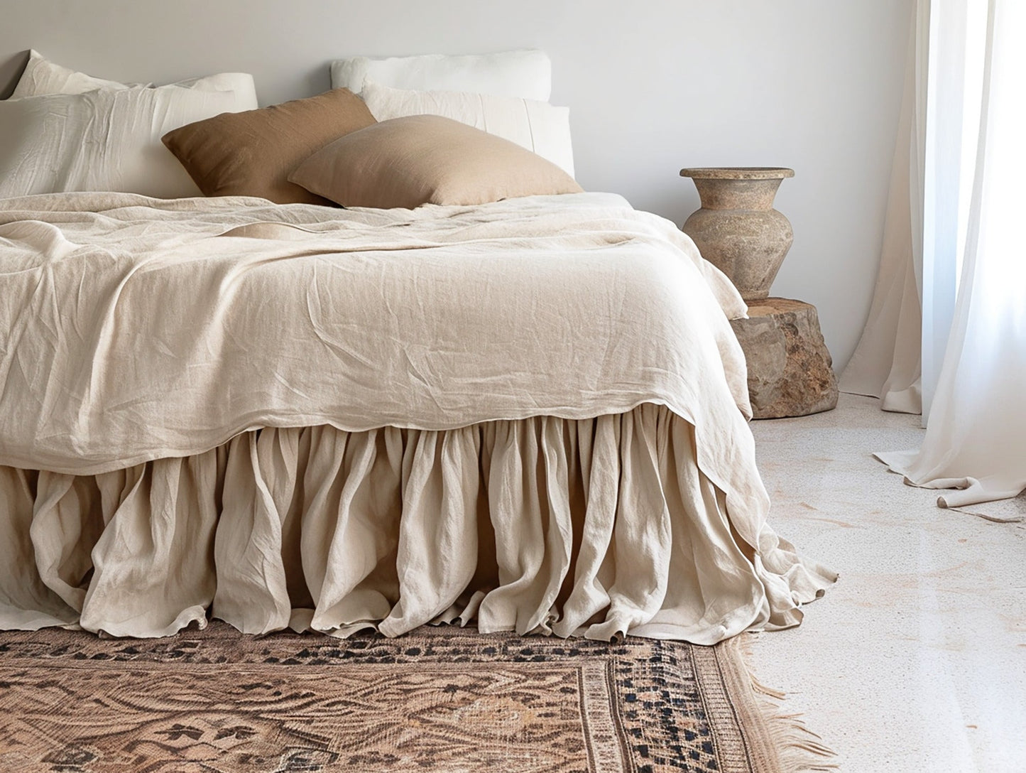 Beige linen ruffled bed skirt