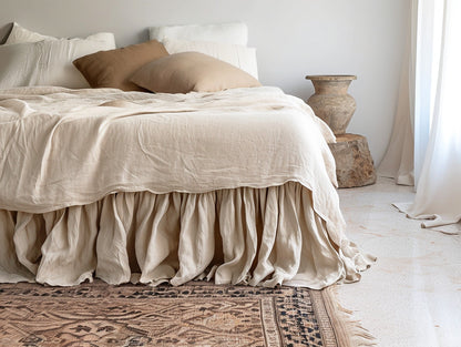Beige linen ruffled bed skirt