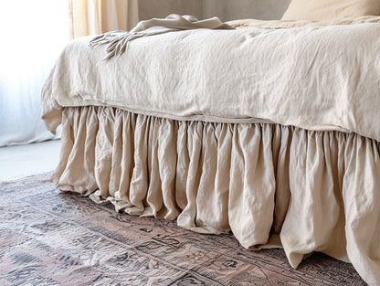 Beige linen ruffled bed skirt