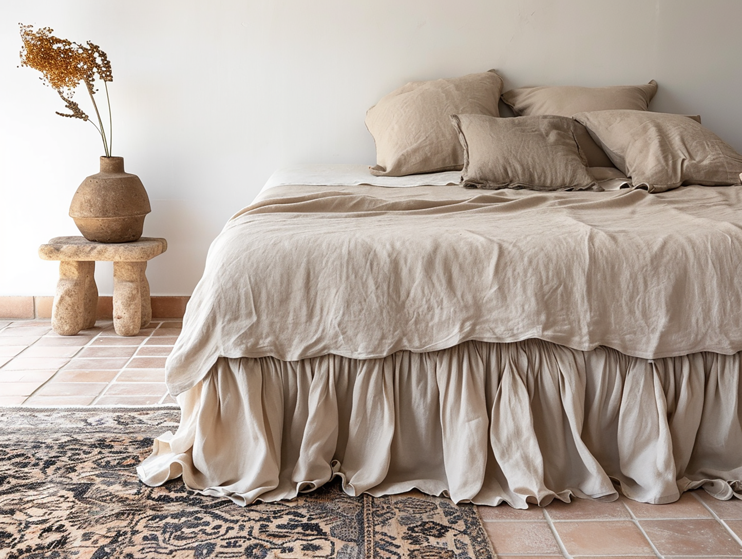 Beige linen ruffled bed skirt