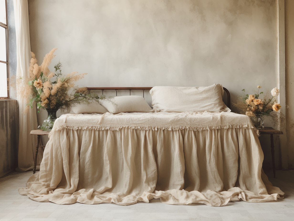 Beige linen ruffled bed skirt