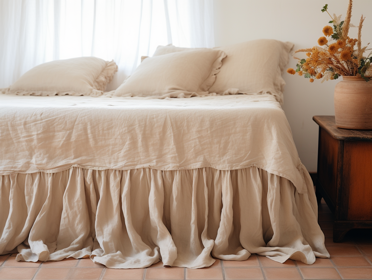 Beige linen ruffled bed skirt