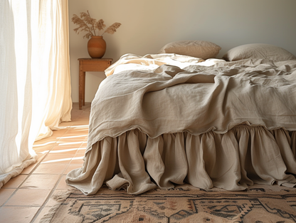 Beige linen ruffled bed skirt