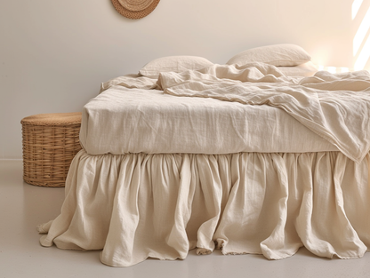 Beige linen ruffled bed skirt