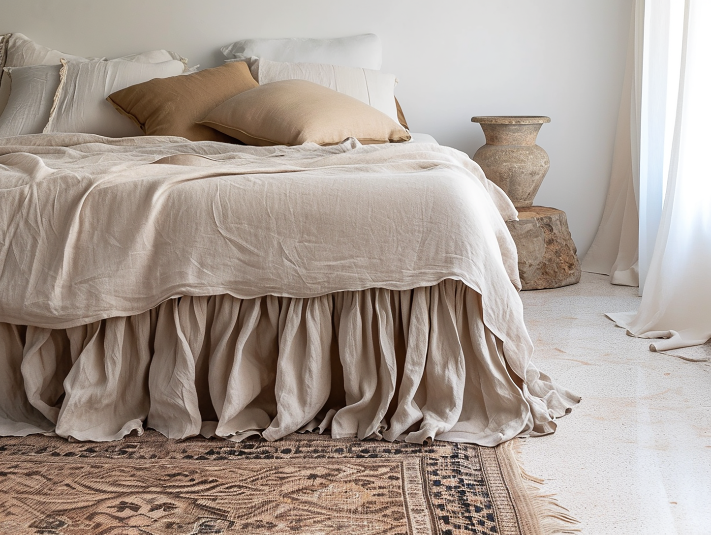 Beige linen ruffled bed skirt