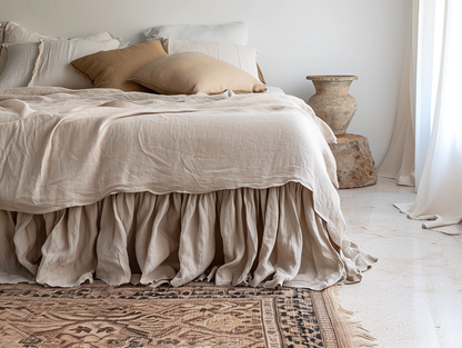 Beige linen ruffled bed skirt
