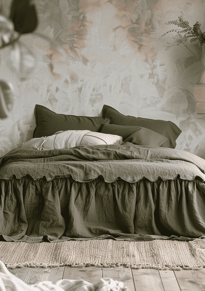 Dark olive linen ruffle bed skirt