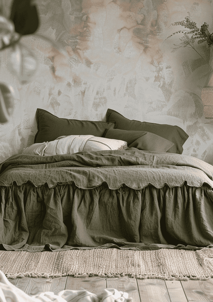 Dark olive linen ruffle bed skirt